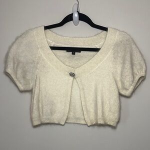 Express Ivory Fuzzy Short-Sleeve Cropped Cardigan